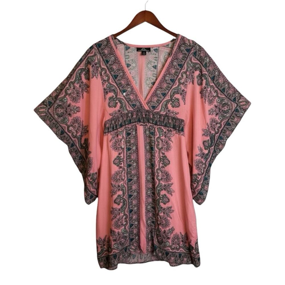Angie Boho Top Tunic Size L Floral Flowy Festival Peasant Rayon Salmon Color